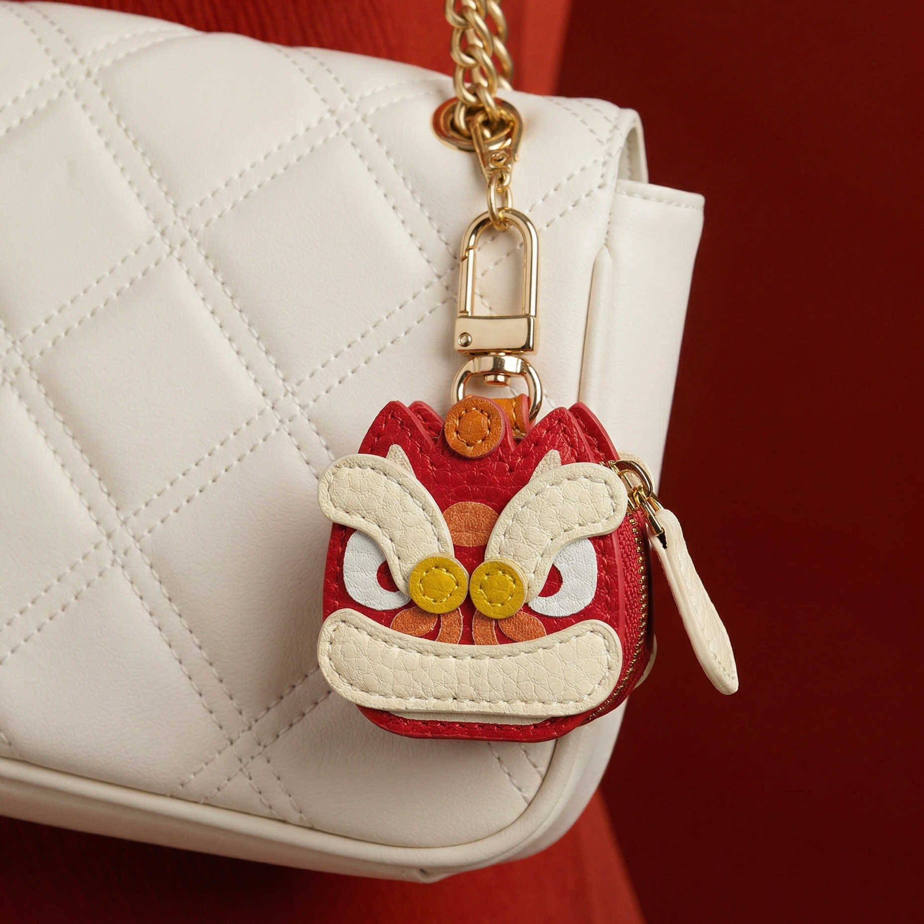 Red chinese lion dance-shaped keychain attached to a white quilted handbag against a red background