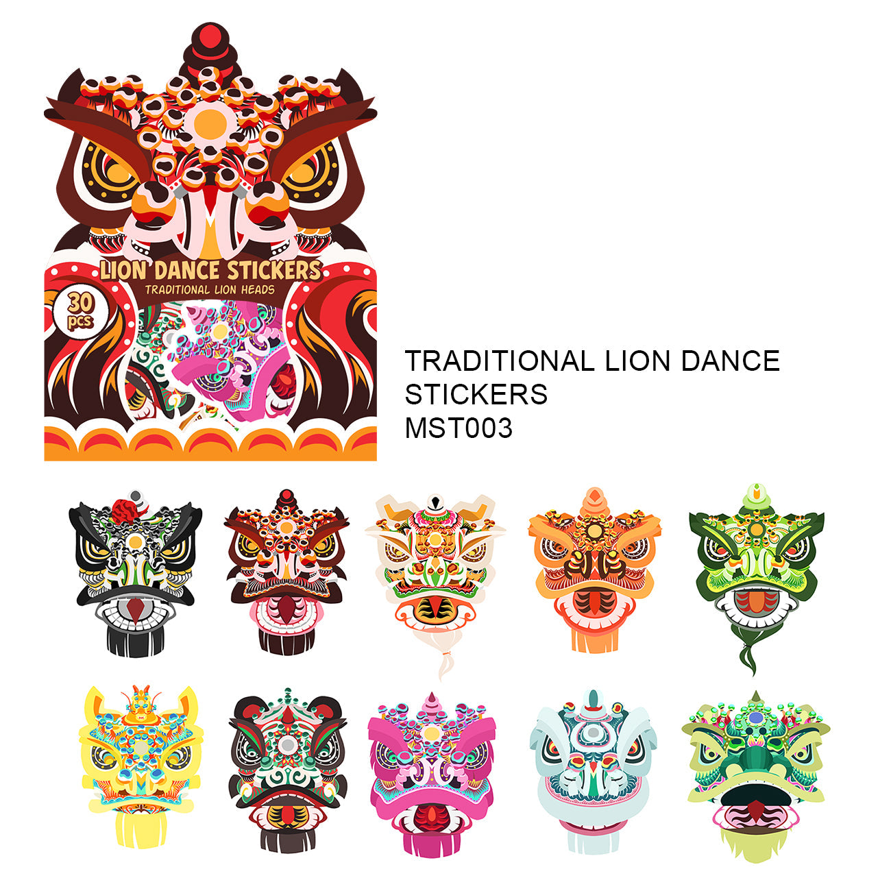 Traditional Lion Heads Sticker Pack - Peel & Stick Paper Stickers