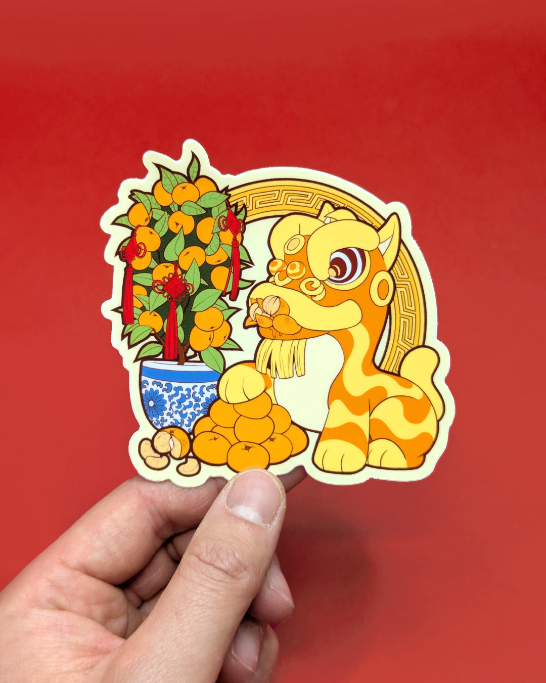 Lion Dance Vinyl Sticker Mandarin Tree