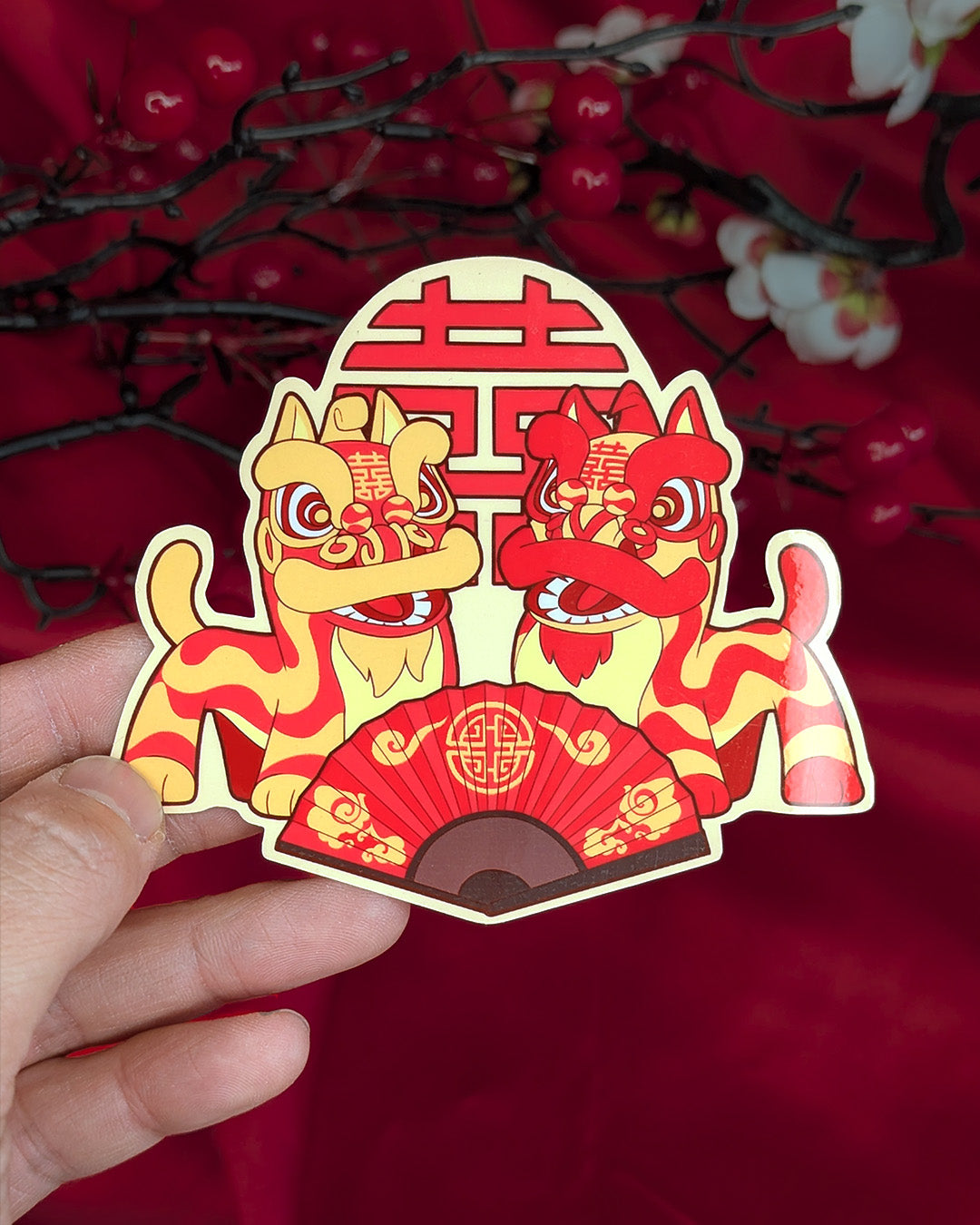 Lion Dance Vinyl Sticker Wedding Double Happiness Fan