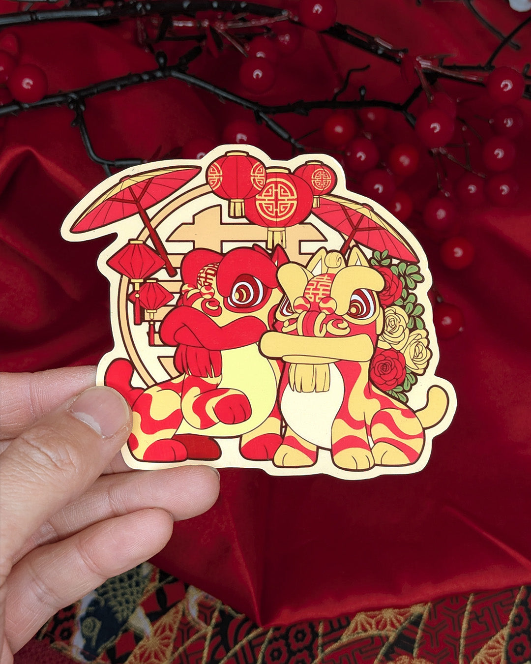 Lion Dance Vinyl Sticker Double Happiness Umbrella